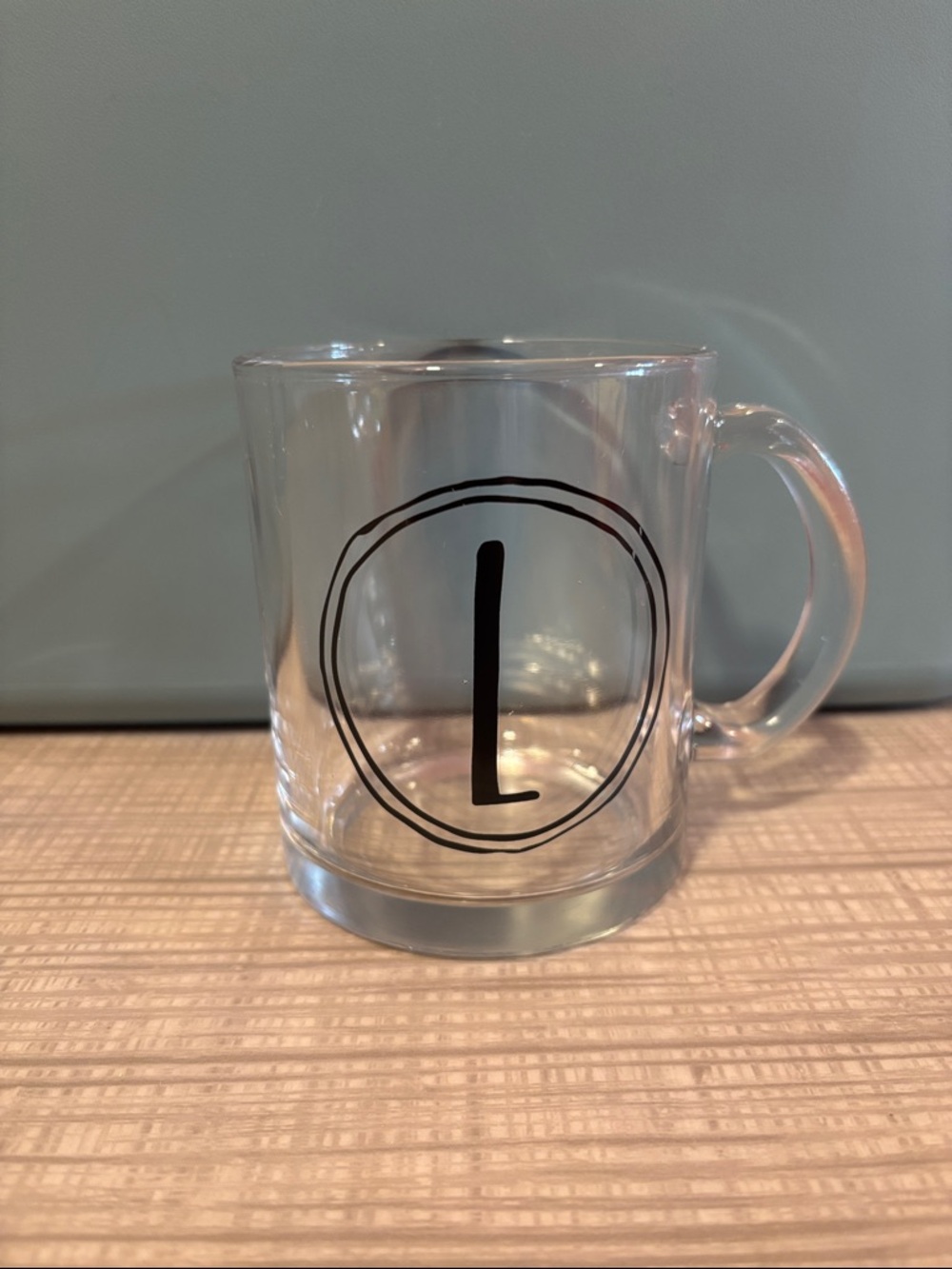 Clear Glass Mug with Black Monogram L